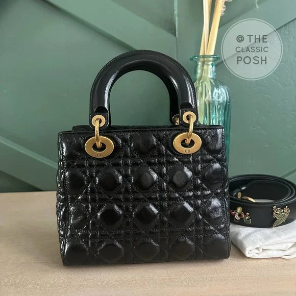 Lady Dior Cannage Small Crinkled Calfskin Black Gold Shoulder Crossbody Bag - Picture 2 of 15